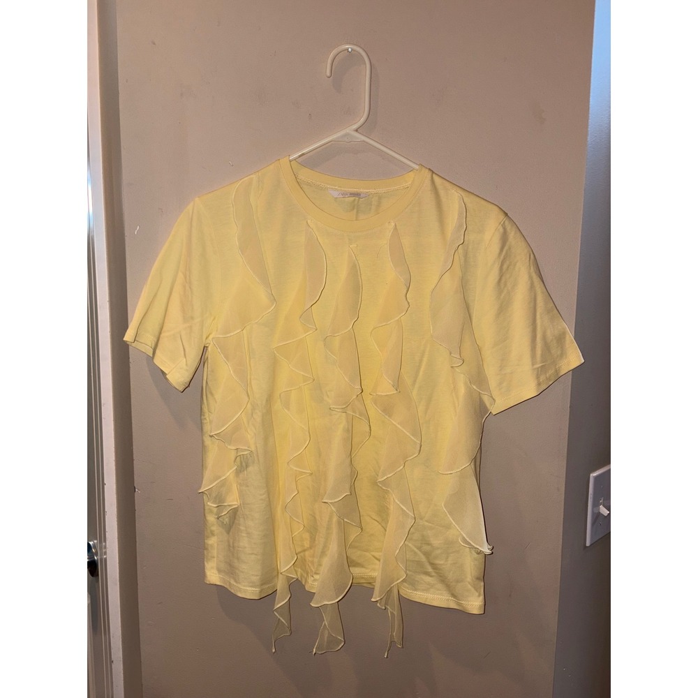 Zara Yellow Ruffle Front Short Sleeve T-Shirt Top Women's Size Small Romantic